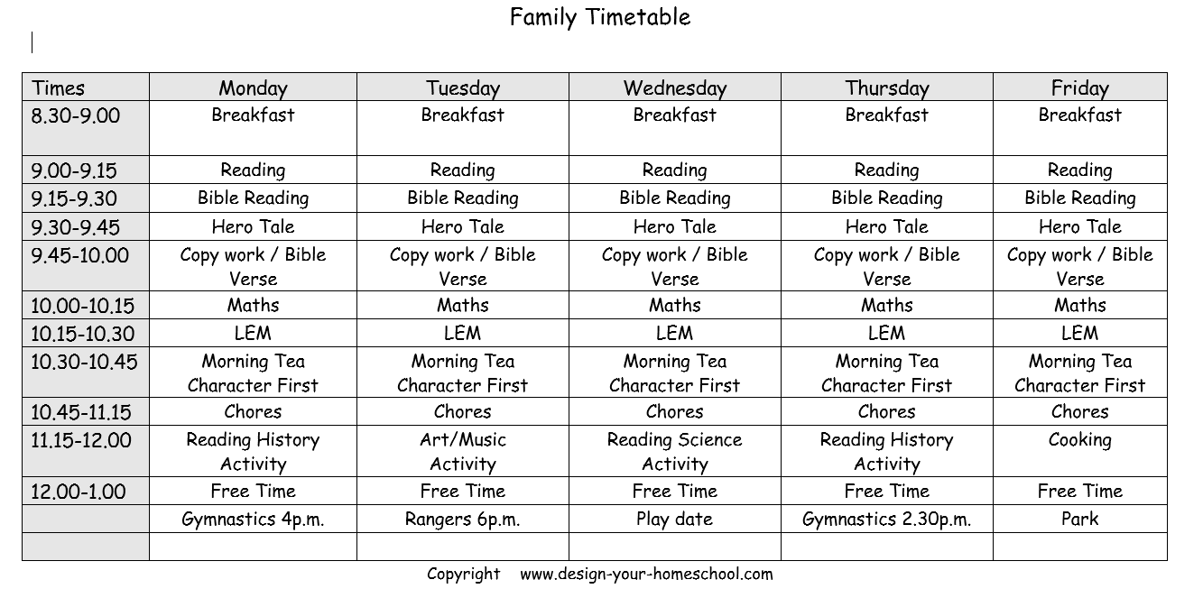 Sample Homeschool Schedule