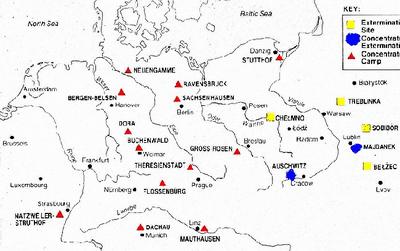 Blue is Extermination Camp,  Red is concentration camp, Yellow is Extermination camp.